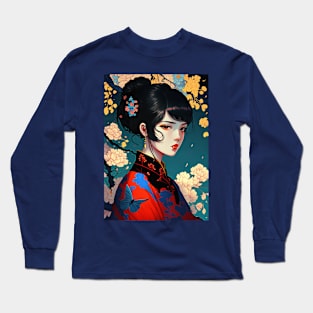 Kawaii floral anime geisha Japanese Long Sleeve T-Shirt